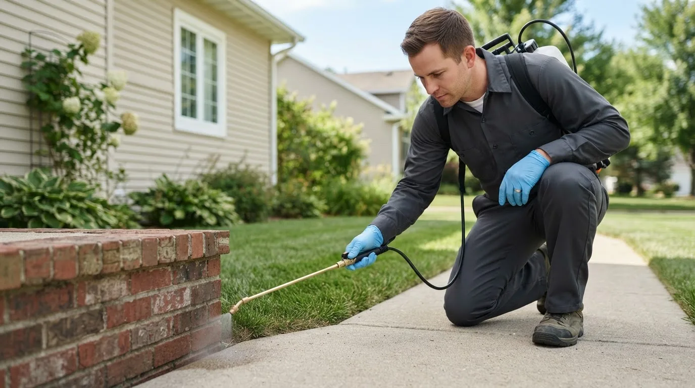 Pest control technician treating a home near Saratoga, WY